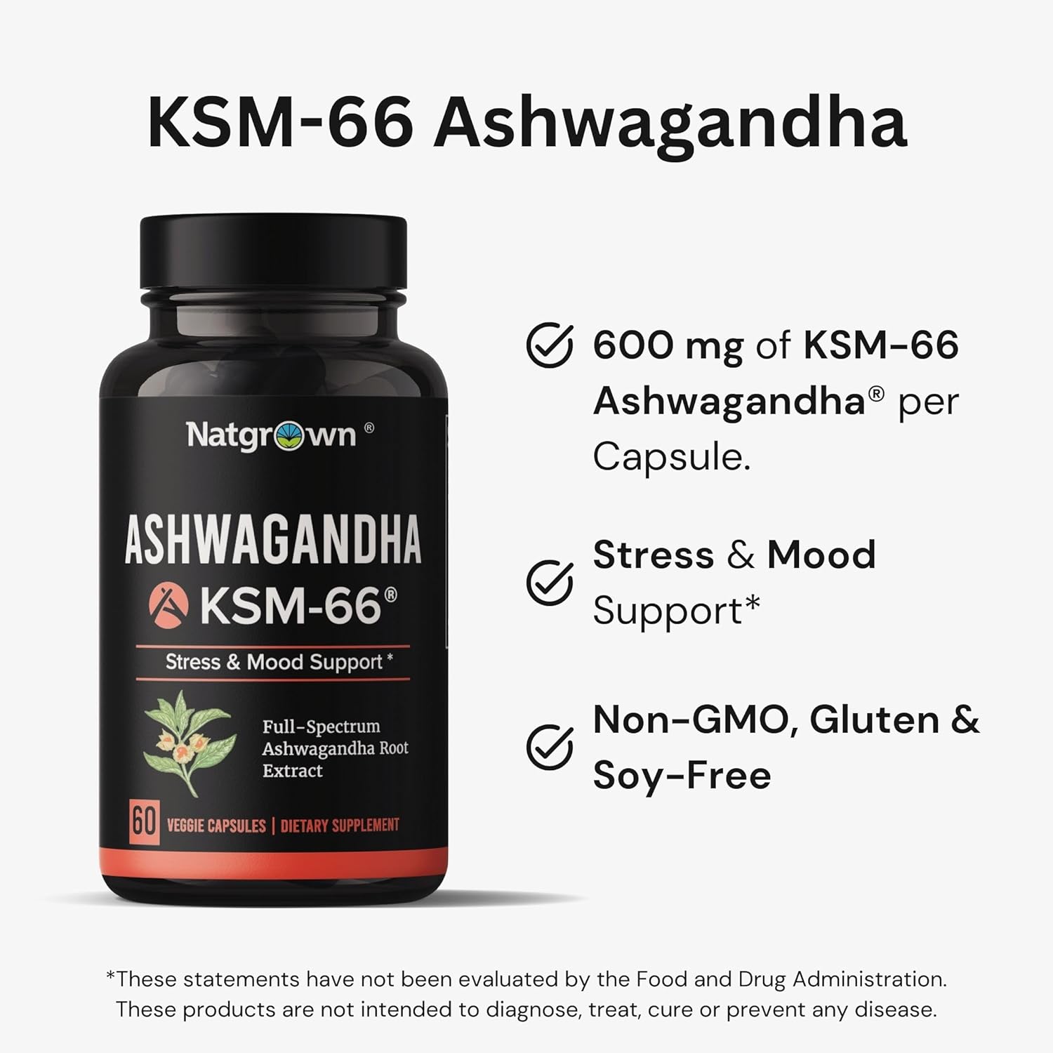 Organic Natgrown Ashwagandha KSM-66 Root Powder Extract Capsules - 600mg with Black Pepper - Vegan - 60 Count