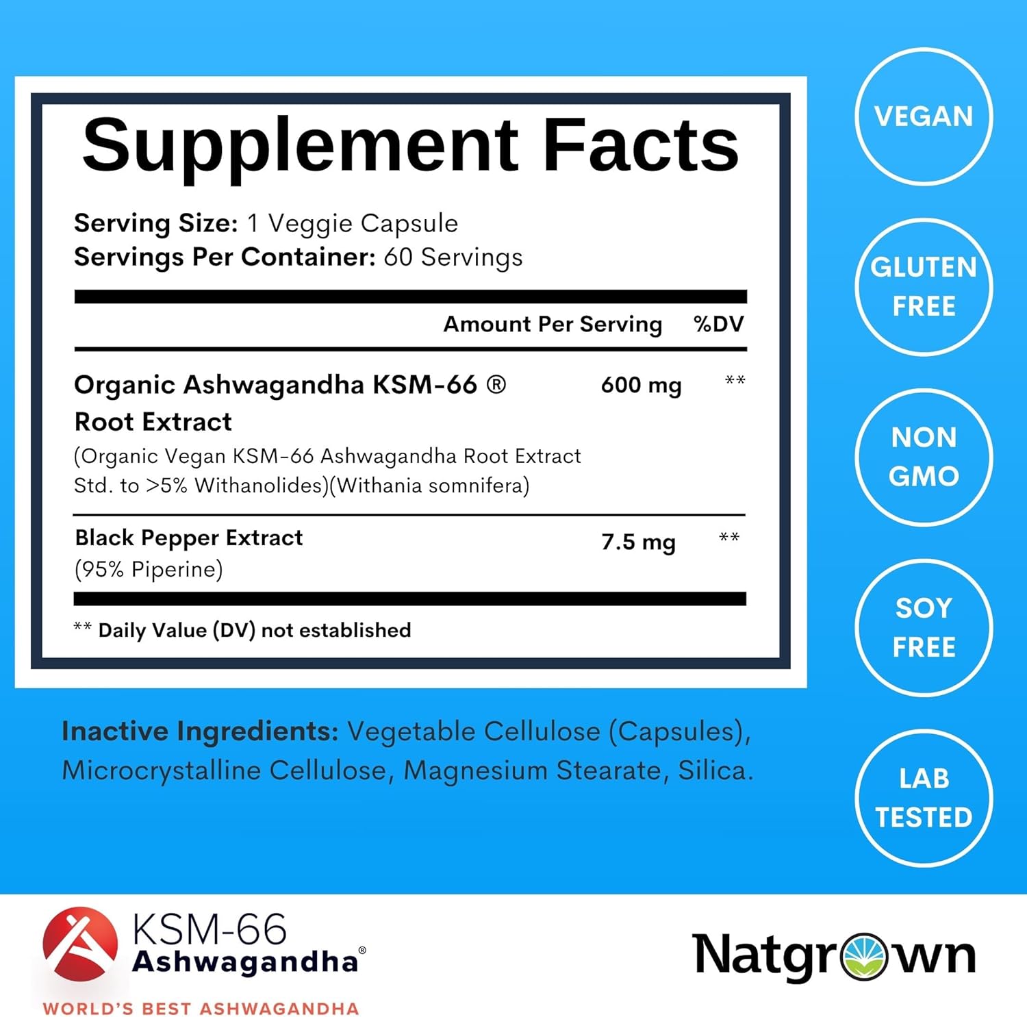 Organic Natgrown Ashwagandha KSM-66 Root Powder Extract Capsules - 600mg with Black Pepper - Vegan - 60 Count