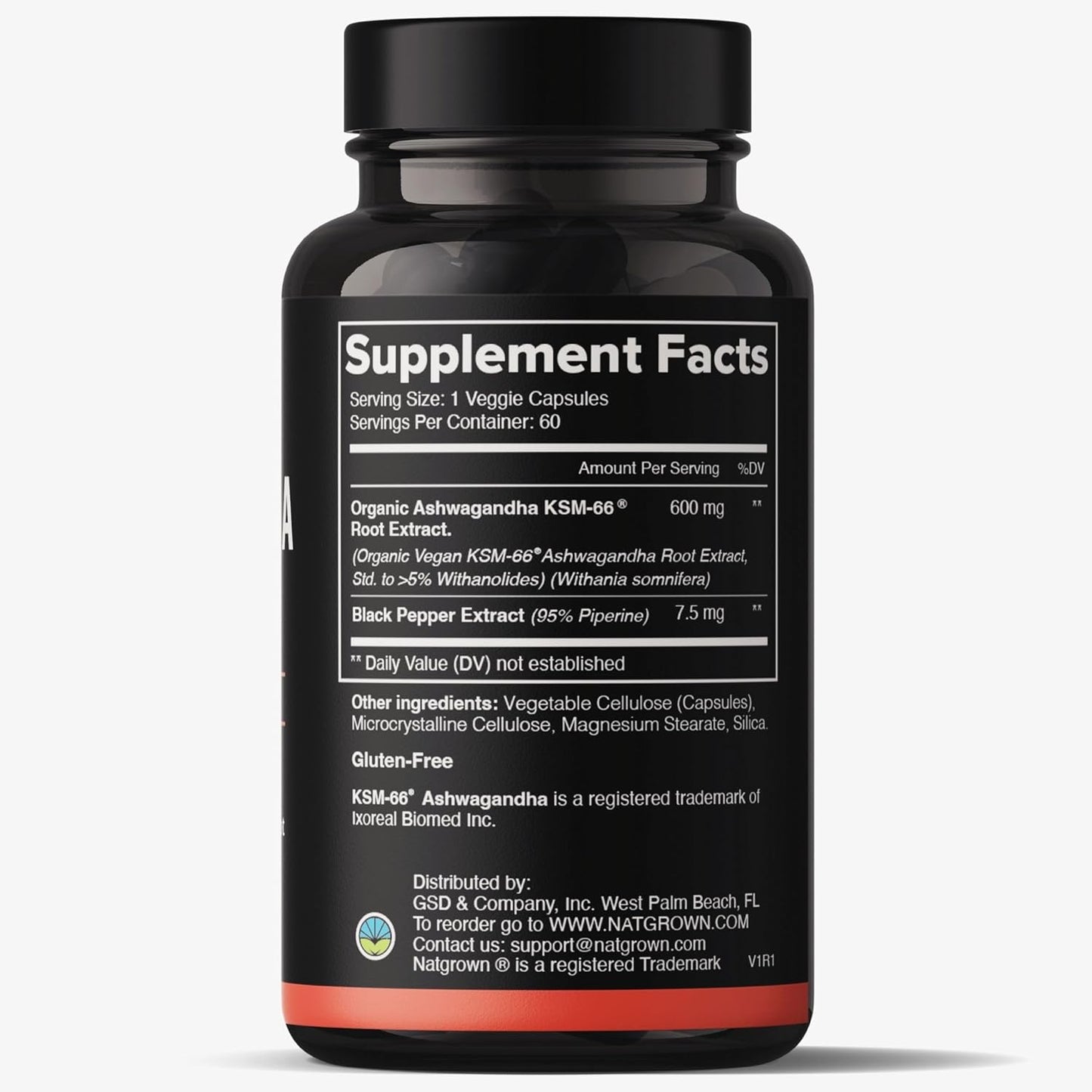 Organic Natgrown Ashwagandha KSM-66 Root Powder Extract Capsules - 600mg with Black Pepper - Vegan - 60 Count