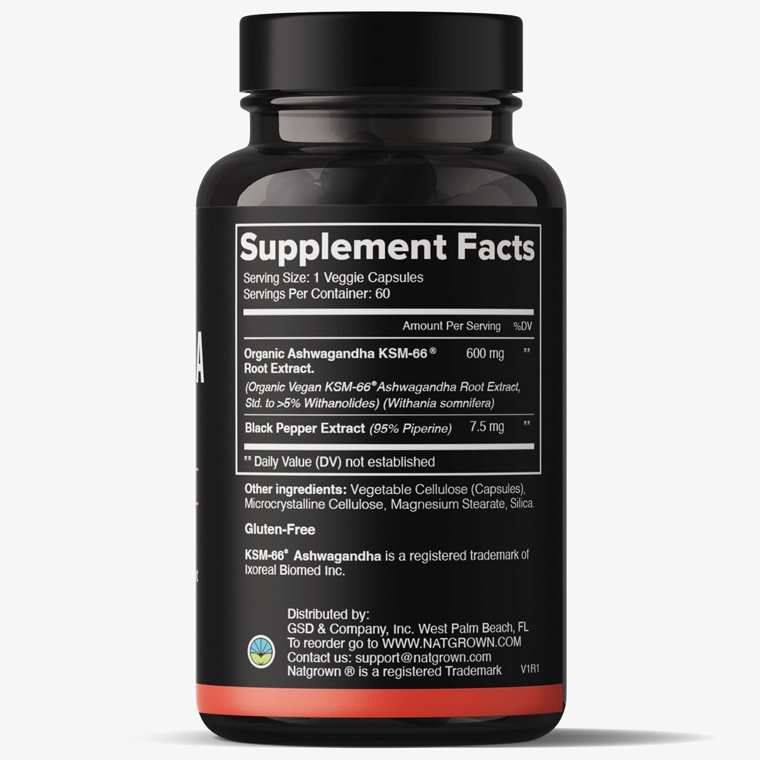 Organic Natgrown Ashwagandha KSM-66 Root Powder Extract Capsules - 600mg with Black Pepper - Vegan - 60 Count