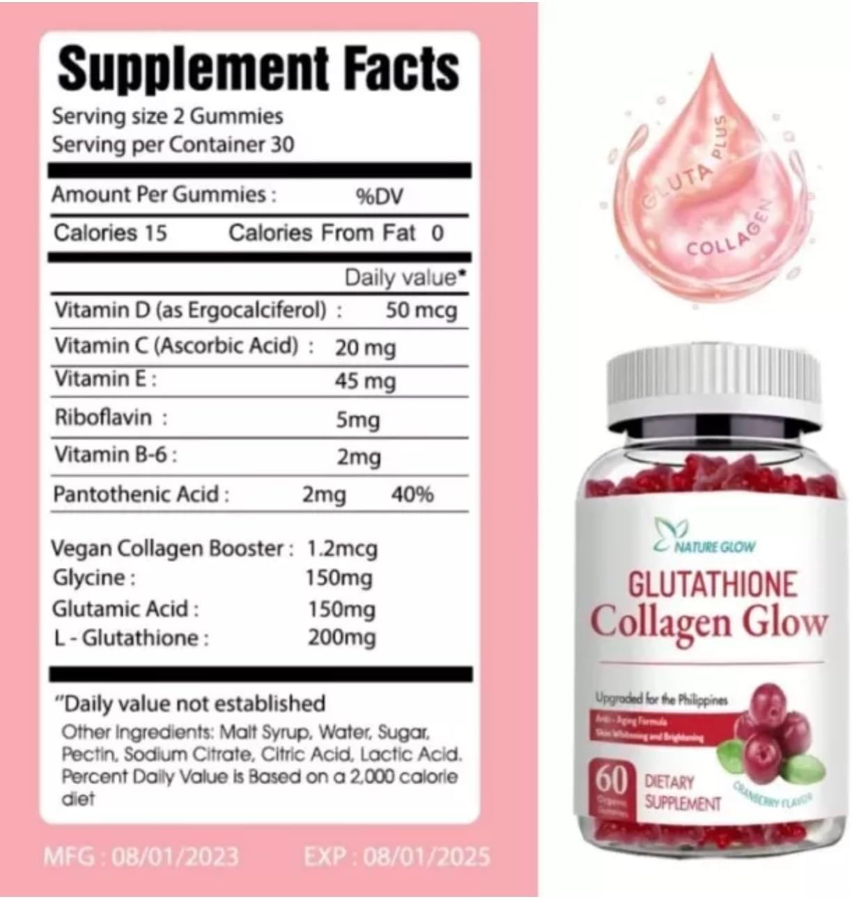 Organic Nature Glow Glutathione Collagen Cranberry Gummies - 60 Count