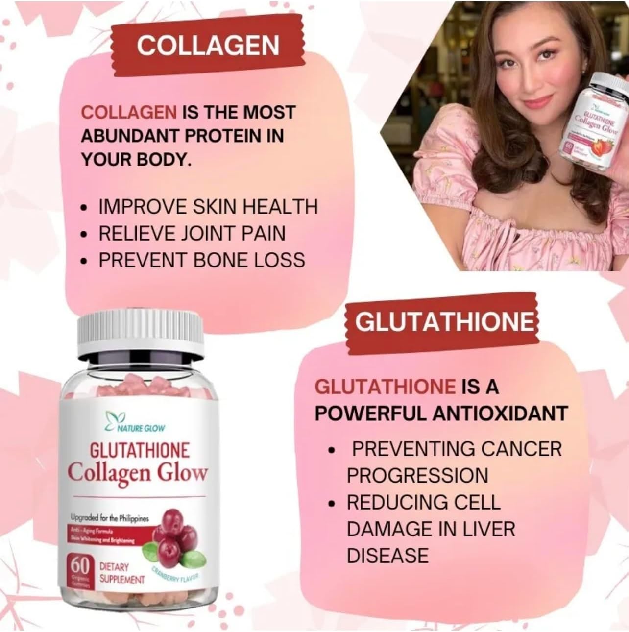 Organic Nature Glow Glutathione Collagen Cranberry Gummies - 60 Count