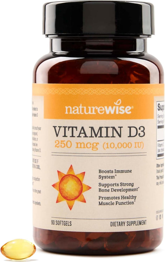 Organic NatureWise Vitamin D3 10,000IU Extra Strength Softgels for Healthy Muscles and Immune Support - 90 Count
