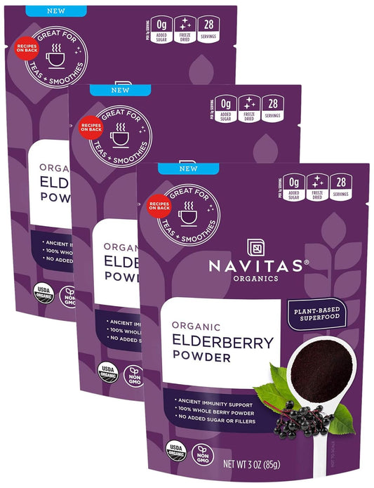 Organic Navitas Elderberry Powder, 3oz Bag - 100% Whole Elderberry Powder for Immune Support - Pack of 3 Bags