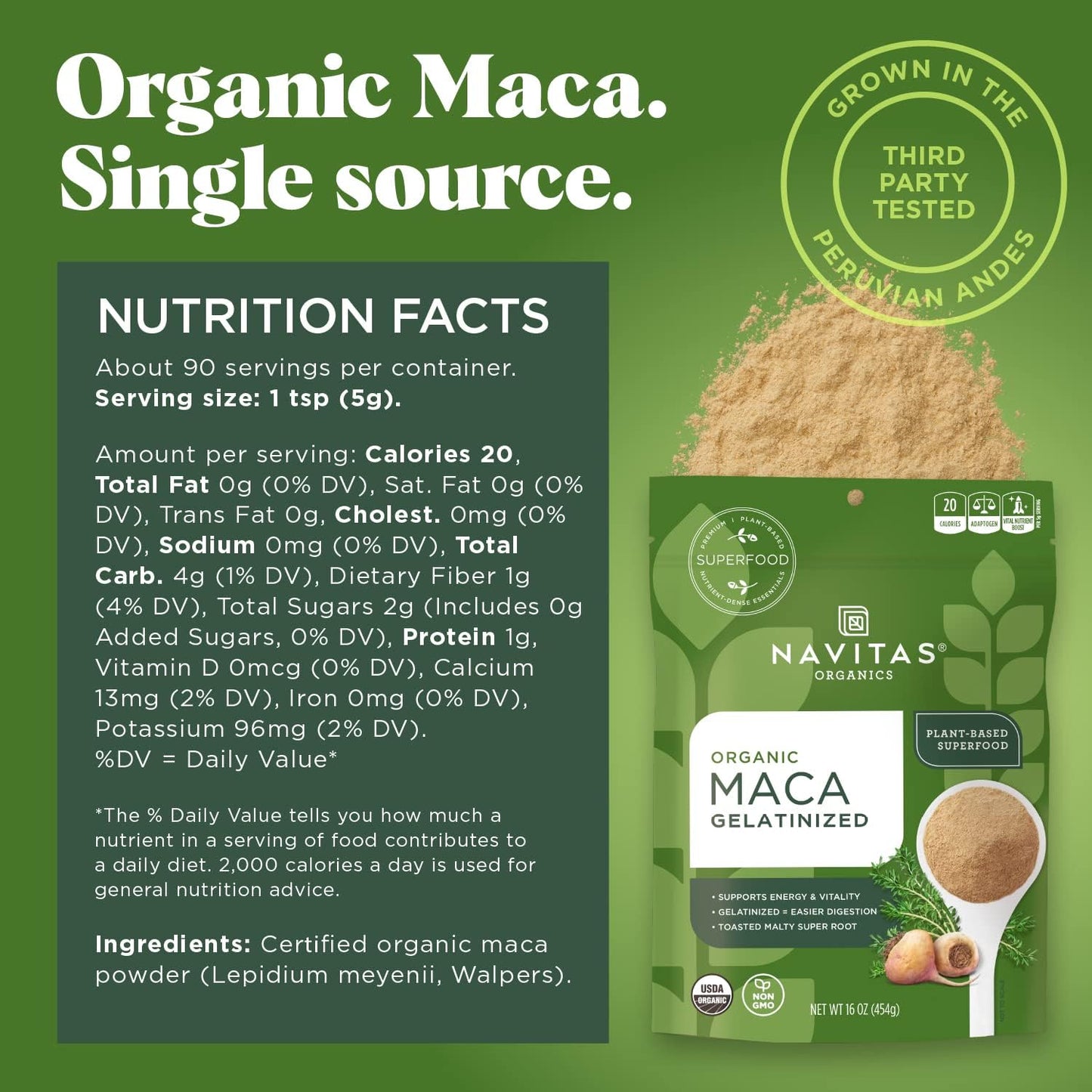 Organic Navitas Maca Gelatinized Powder - 16 oz Bag, 90 Servings - Non-GMO, Gluten-Free - 1 Pack