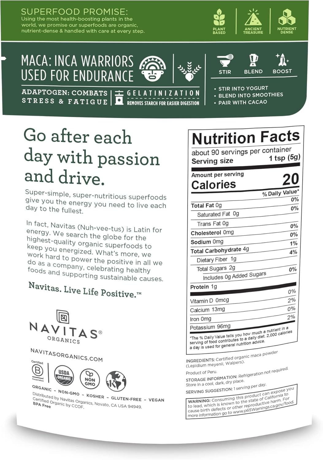 Organic Navitas Maca Gelatinized Powder - 16 oz Bag, 90 Servings - Non-GMO, Gluten-Free - 1 Pack