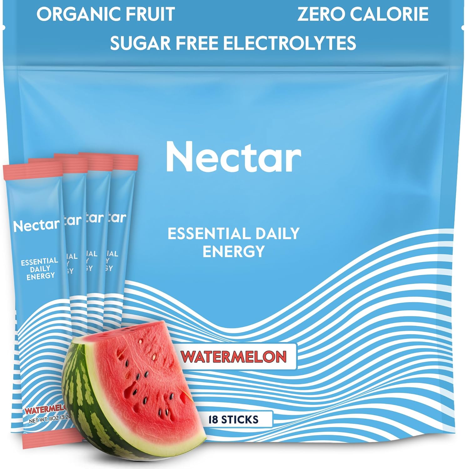 Organic Nectar Energy Booster with Caffeine, B12, and Electrolytes - Sugar-Free & Zero Calorie - Healthy Coffee and Energy Drink Alternative - Hydration Supplement (Watermelon, 18 Packets)