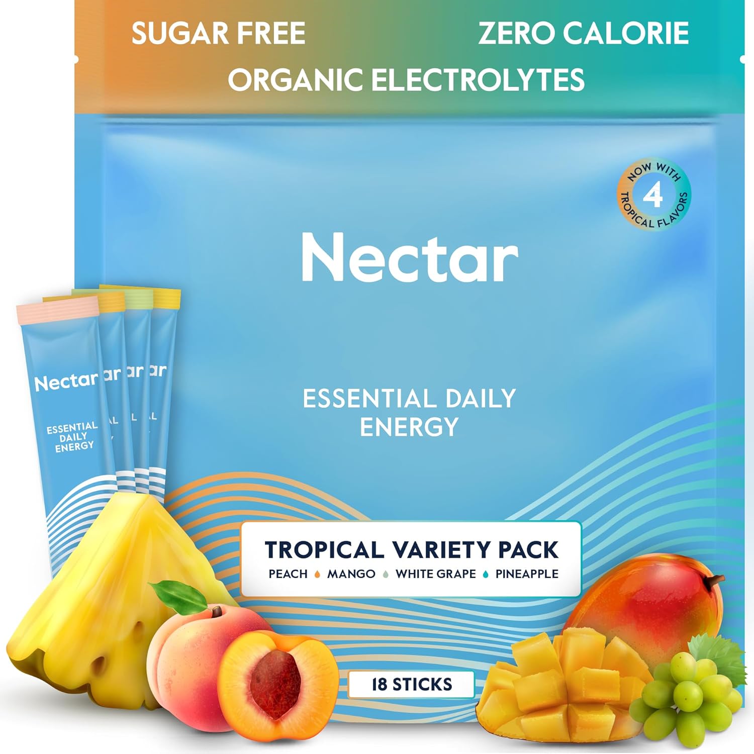 Organic Nectar Energy Booster with Caffeine, B12, Electrolytes - Sugar Free & Zero Calorie - Healthy Coffee & Energy Drink Alternative - Hydration & Energy Supplement (Tropical Flavor, 30 Packets)