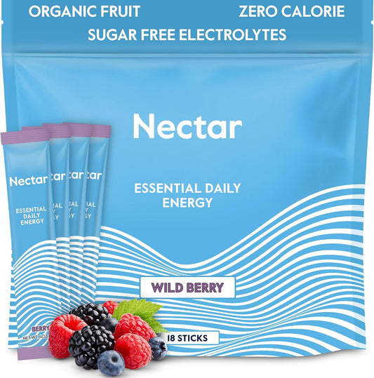 Organic Nectar Energy Booster with Caffeine, B12, Electrolytes - Berry Flavor, Sugar-Free & Zero Calorie - Healthy Energy Supplement (18 Packets)