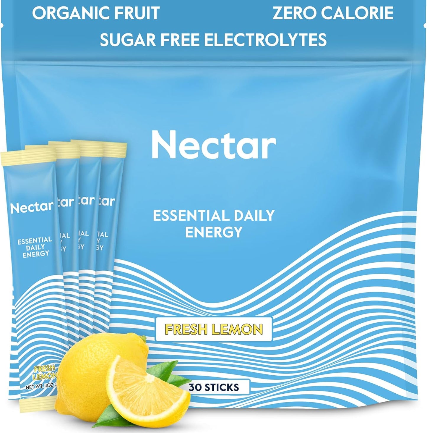 Organic Nectar Energy Booster with Caffeine, B12, & Electrolytes - Sugar-Free Lemon Powder Packets - Healthy Energy Drink Alternative