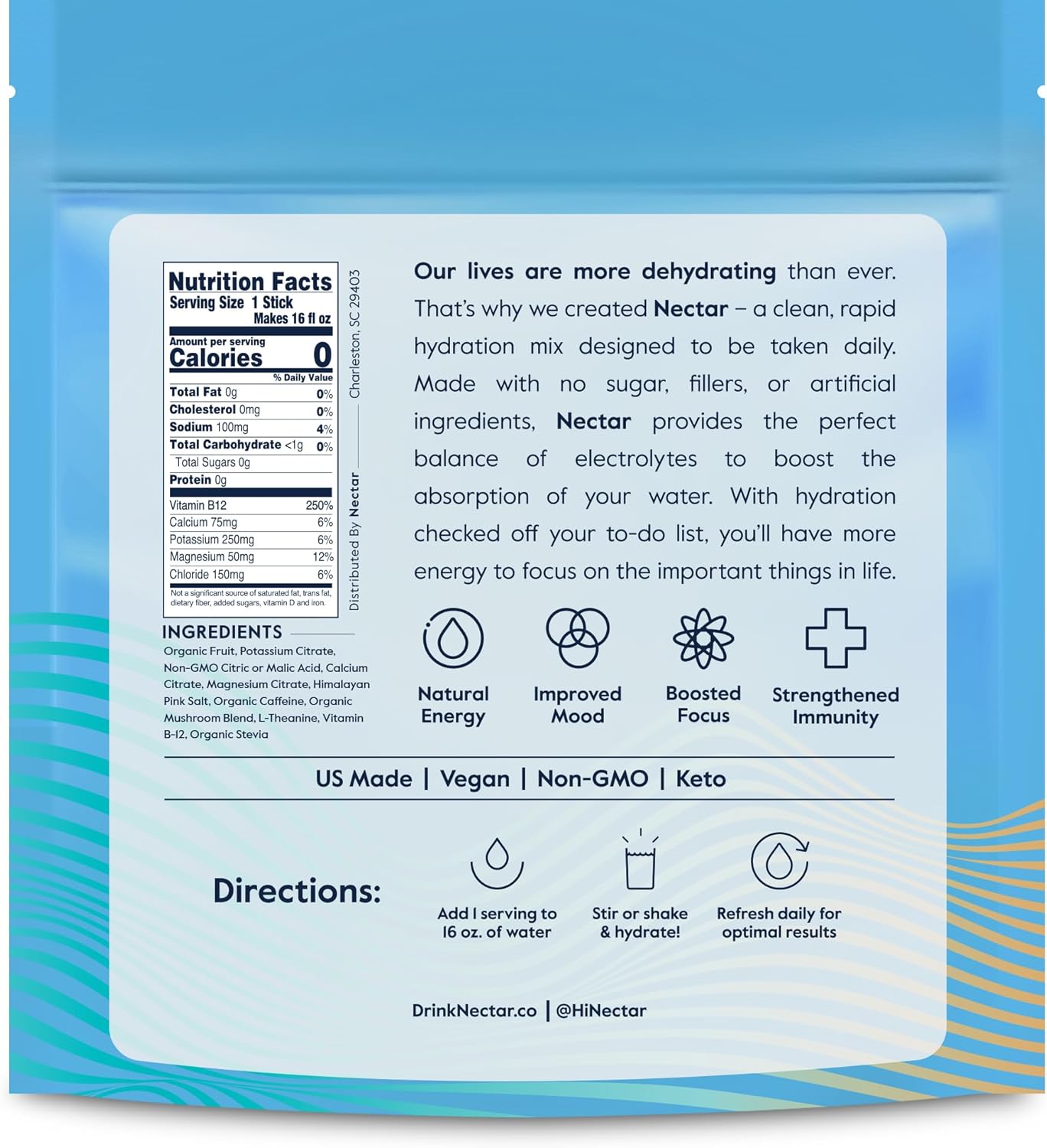 Organic Nectar Energy Booster with Caffeine, B12, Electrolytes - Sugar Free & Zero Calorie - Healthy Coffee & Energy Drink Alternative - Hydration & Energy Supplement (Tropical Flavor, 30 Packets)
