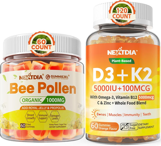 Organic Nextdia Bee Pollen Supplement with Enhanced D3K2 Absorption for Breast Growth - 1000mg