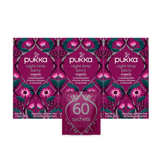 Organic Night Time Berry Herbal Tea Bags with Chamomile, Echinacea, Elderberry - 60 Bags (3 Packs) for Overnight Wellness