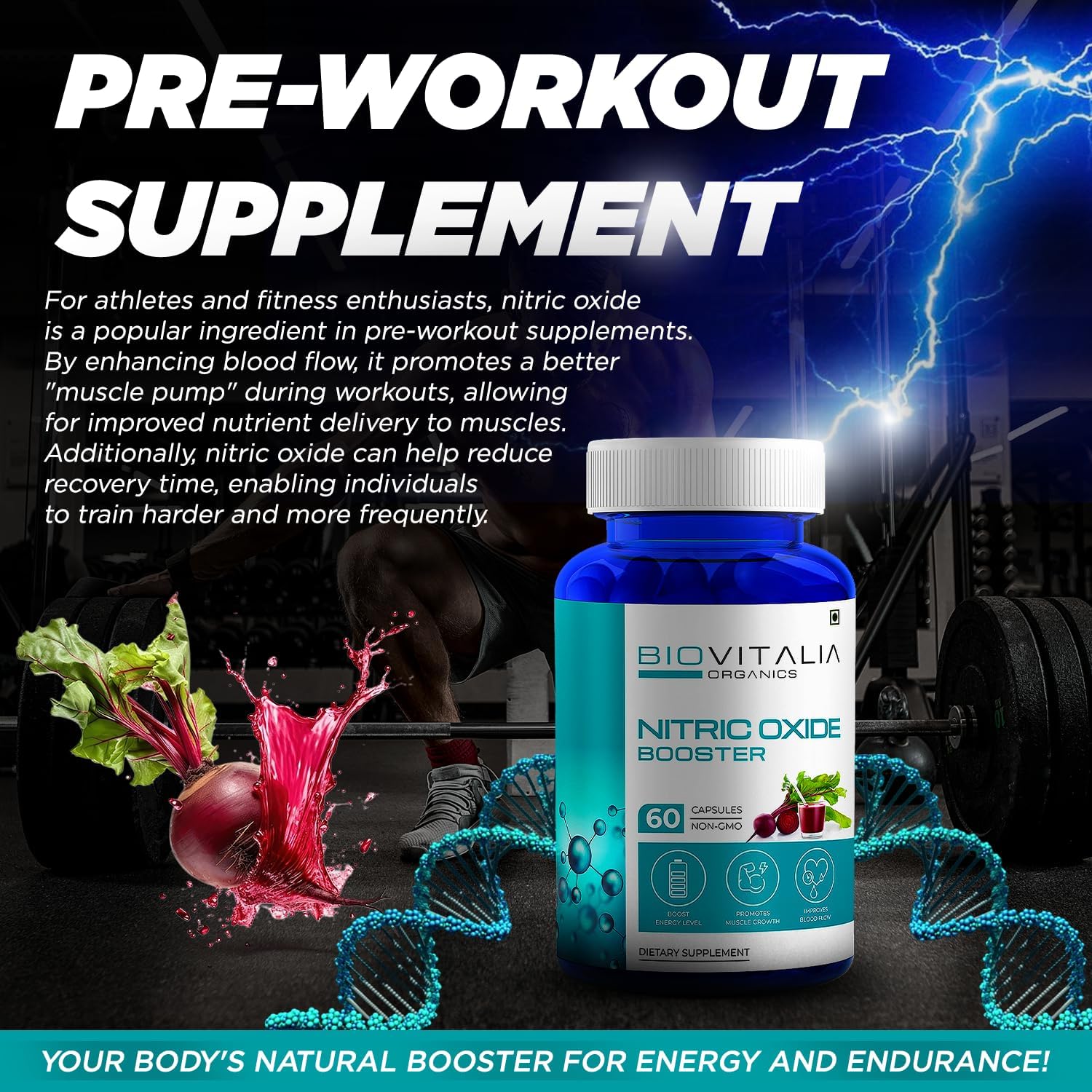 Organic Nitric Oxide Booster Capsules with L-Arginine & Beetroot for Men & Women - Promotes Blood Flow & Pre-Workout Muscle Pump - 60 Vegan Capsules