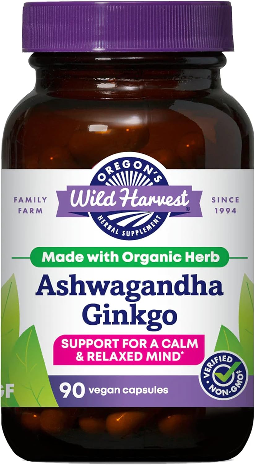 Organic Non-GMO Ashwagandha Ginkgo Capsules by Oregon's Wild Harvest | Vegan Herbal Supplements for a Calm Mind | 90 Count