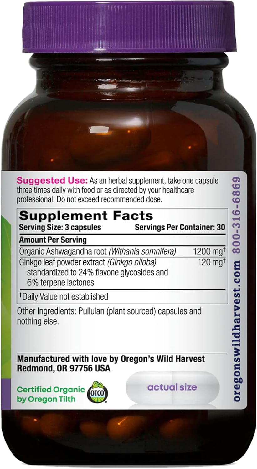 Organic Non-GMO Ashwagandha Ginkgo Capsules by Oregon's Wild Harvest | Vegan Herbal Supplements for a Calm Mind | 90 Count