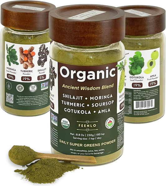 Organic Non-GMO Green Juice Blend Powder with Moringa, Shilajit, Turmeric, Soursop, Gotukola, and Amla | 3-Month Supply_Approximately