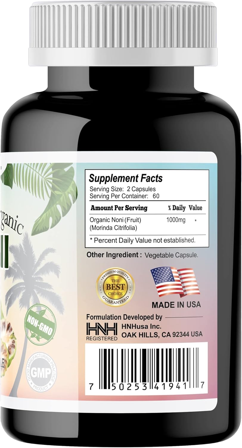 Organic Noni 1000mg Capsules - Antioxidant Support for Immune System & Overall Health - Non-GMO Vegan Formula - 120ct