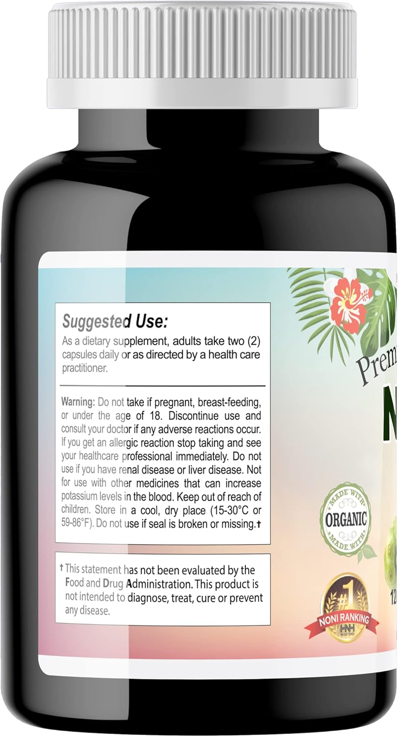Organic Noni 1000mg Capsules - Antioxidant Support for Immune System & Overall Health - Non-GMO Vegan Formula - 120ct