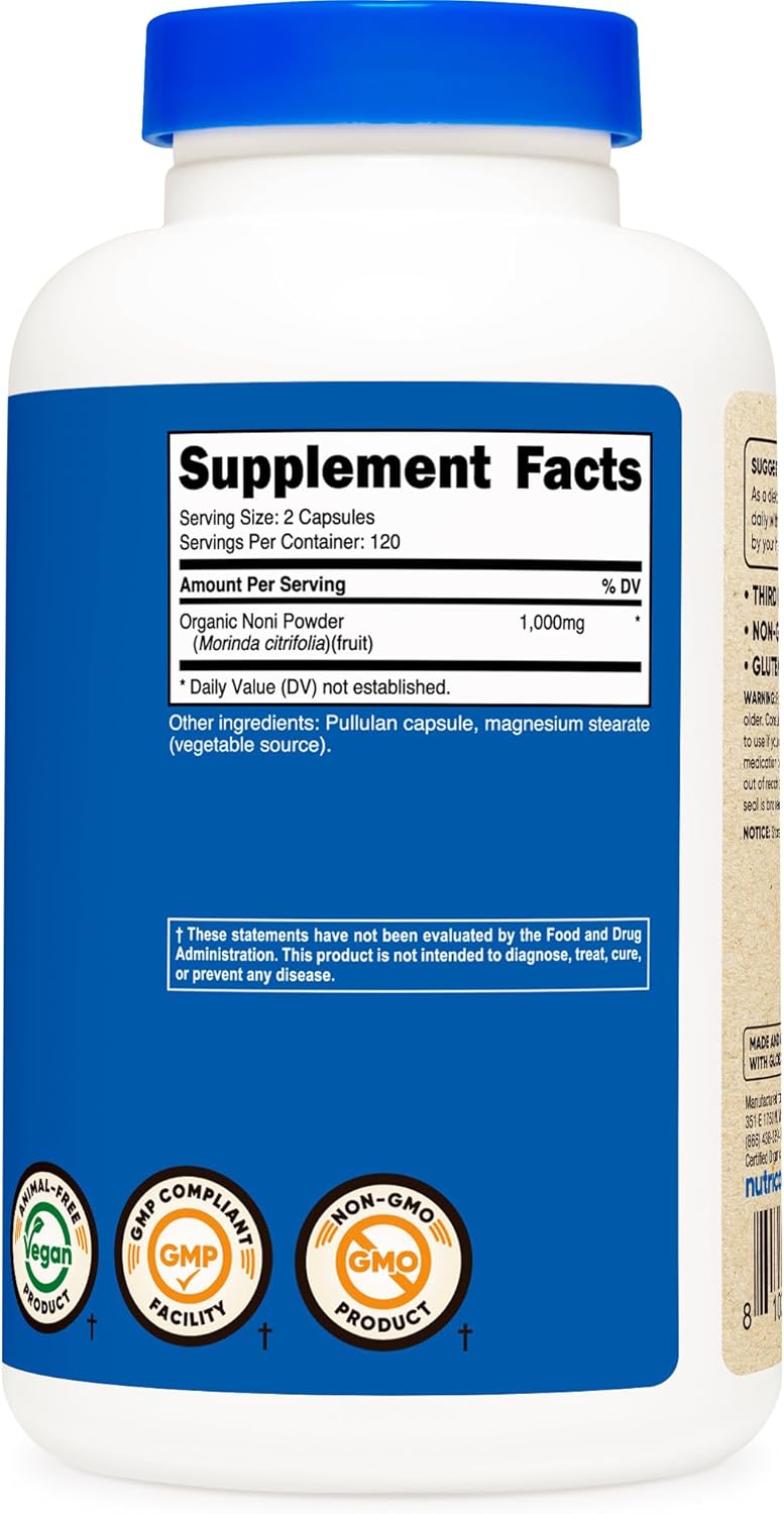 Organic Noni Capsules - 500mg, 240 Count, Non-GMO, Gluten Free - CCOF Certified by Nutricost