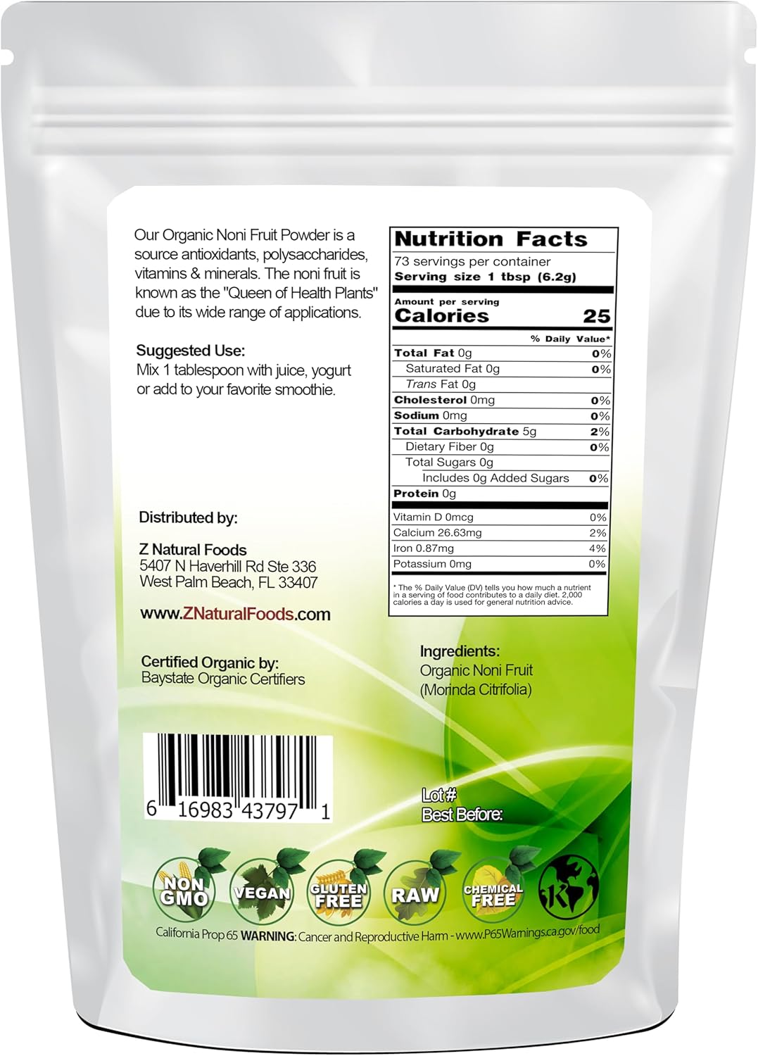 Organic Noni Fruit Powder Superfood Supplement - Raw, Vegan, Non-GMO - 1 lb - Mix in Juice, Drinks, Shakes, Smoothies