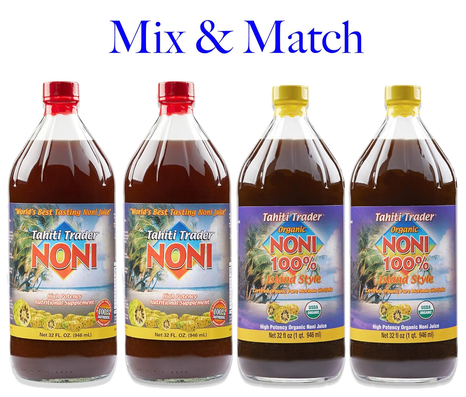 Organic Noni Juice Mix & Match 4 Pack - High-Potency Antioxidant Superfood Juice for Energy & Health - 32oz Bottles