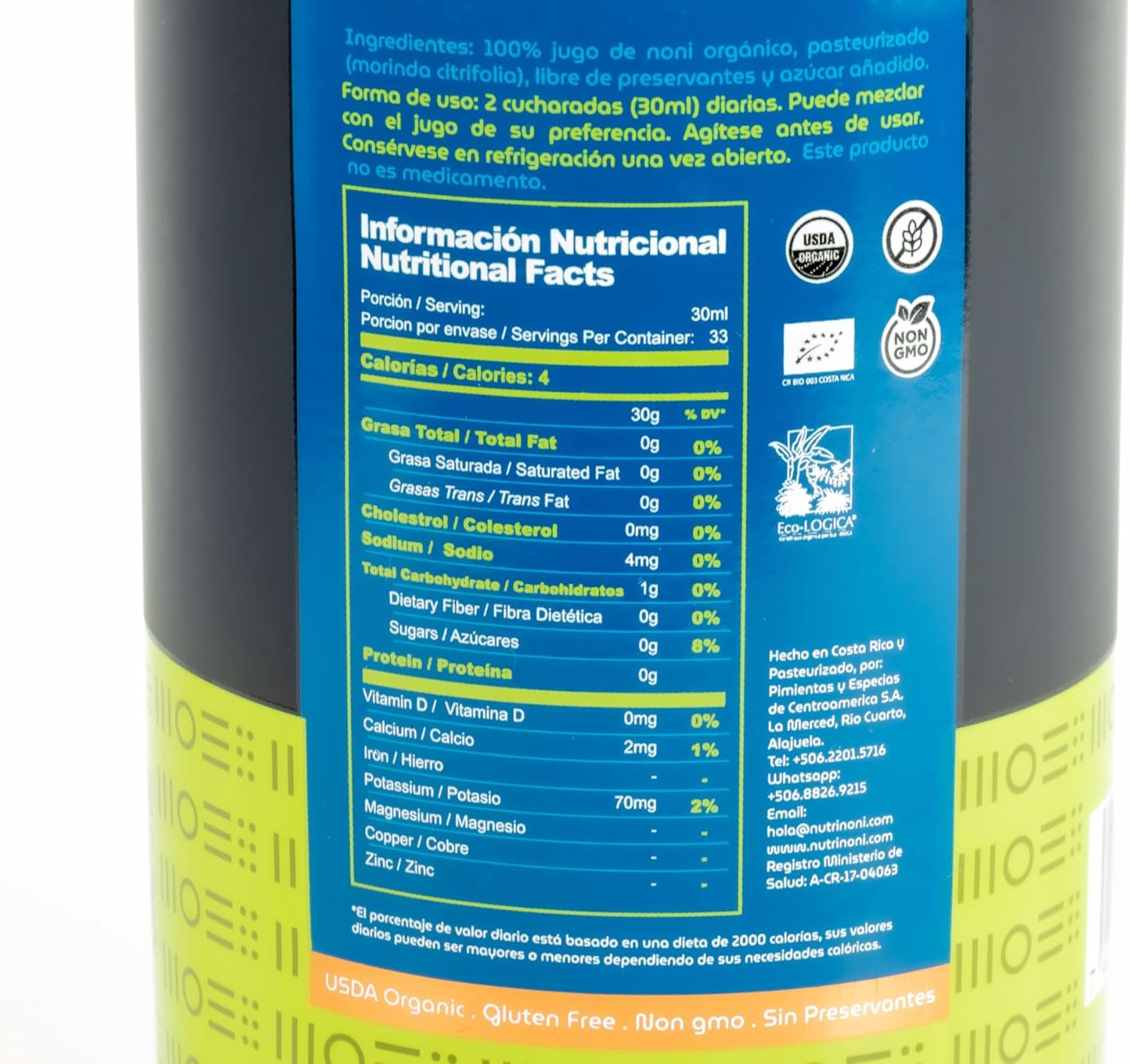 Organic Nutri Noni Juice from Costa Rica - 100% Pure Original Flavor, No Added Fruit - 33.8 fl oz - Superfood