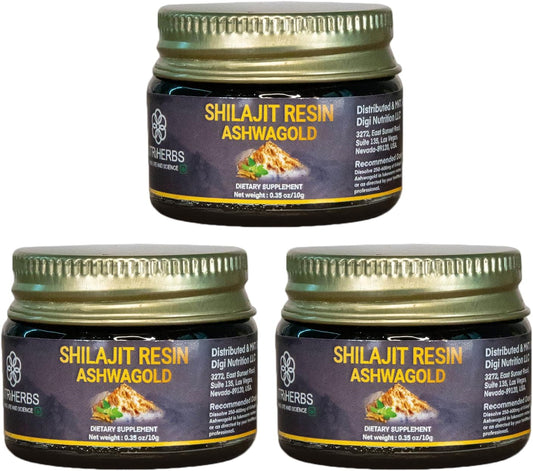 Organic Nutriherbs Himalayan Shilajit Resin Ashwagold Supplement for Enhanced Vitality and Cognitive Function - 30g Pack of 3