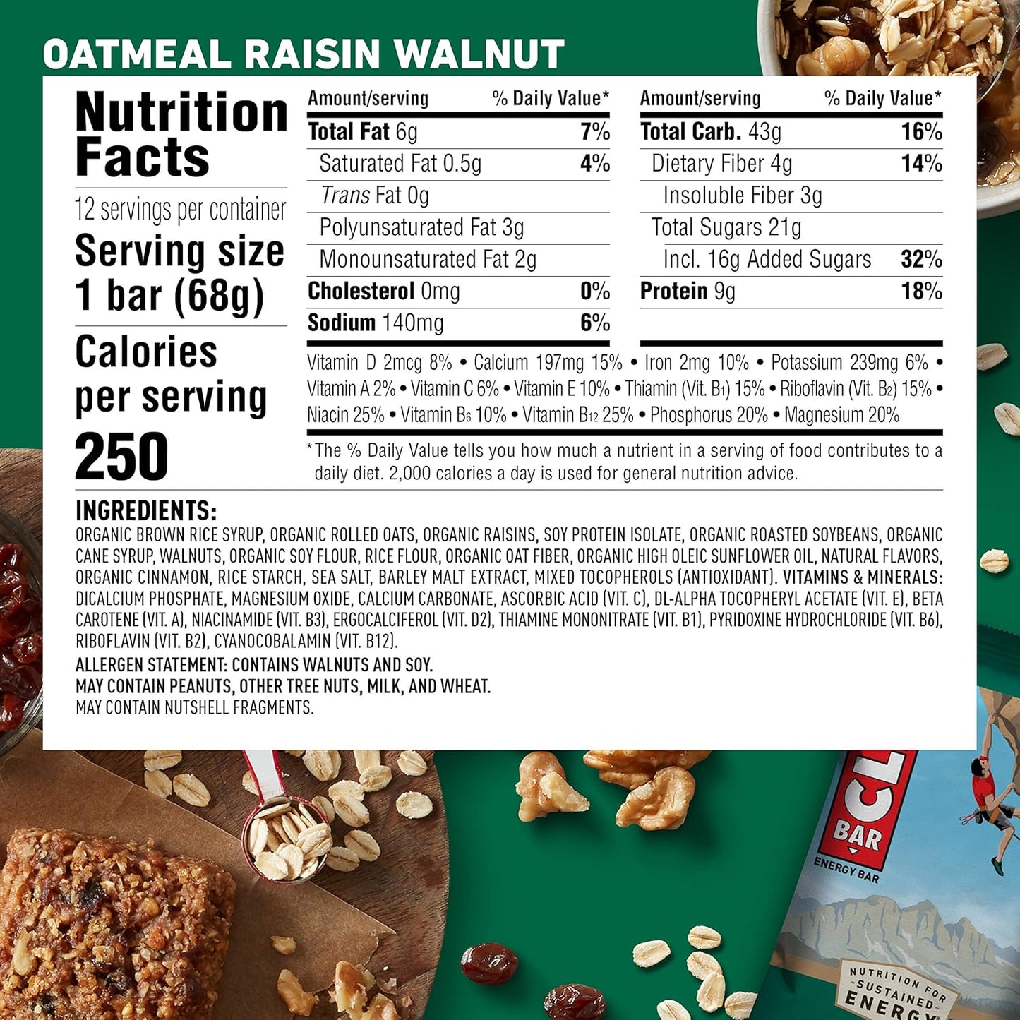 Organic Oatmeal Raisin Walnut Energy Bars - Plant Based Protein Snacks - Vegetarian & Kosher - 24 Count