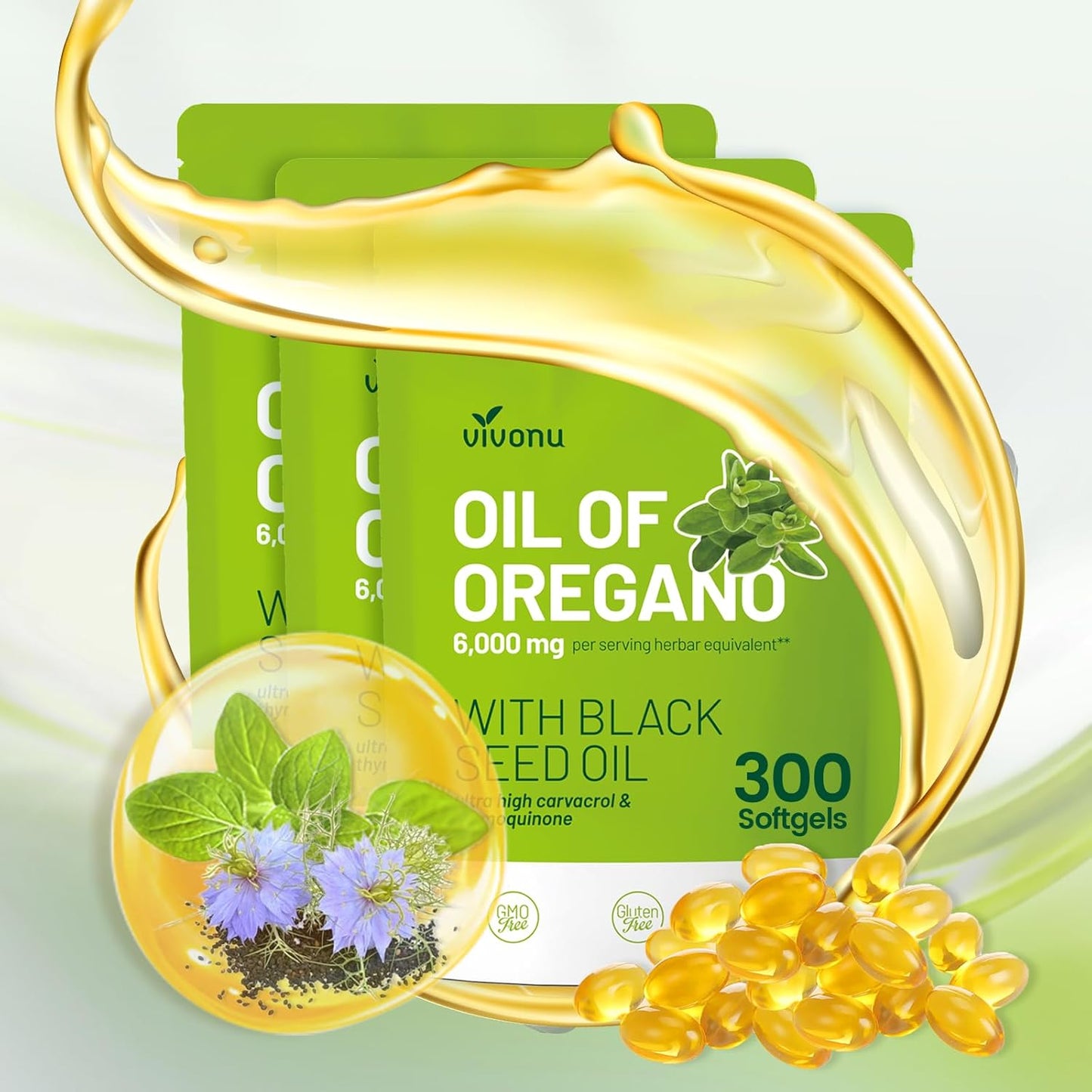 Organic Oil of Oregano and Black Seed Oil Softgels 300 Count - Non-GMO Gluten Free Formula