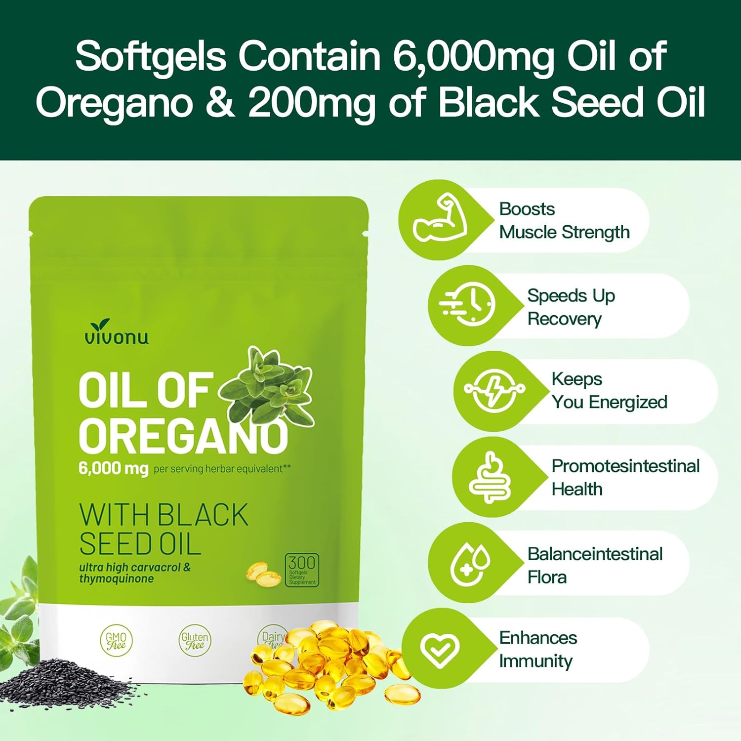 Organic Oil of Oregano and Black Seed Oil Softgels 300 Count - Non-GMO Gluten Free Formula