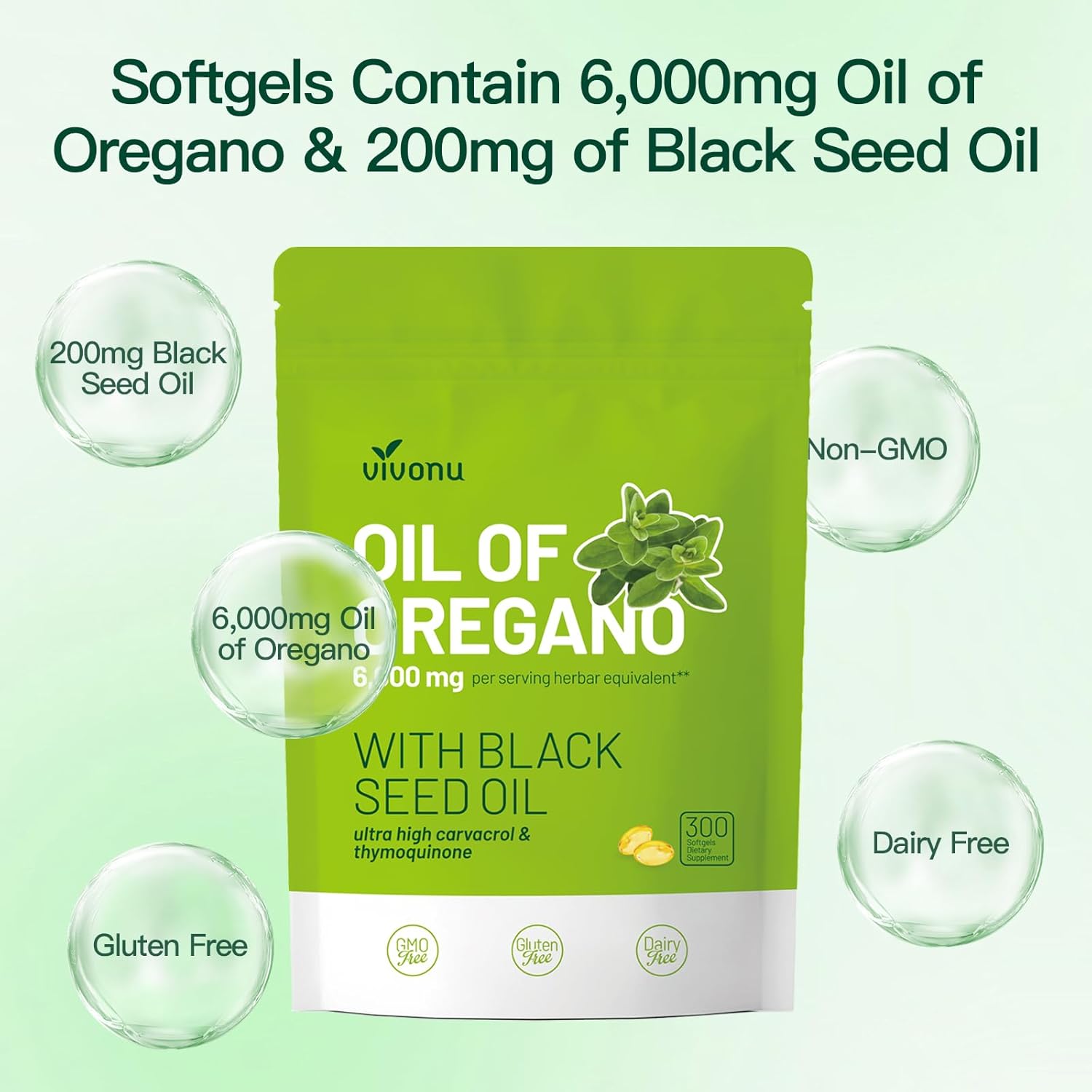 Organic Oil of Oregano and Black Seed Oil Softgels 300 Count - Non-GMO Gluten Free Formula