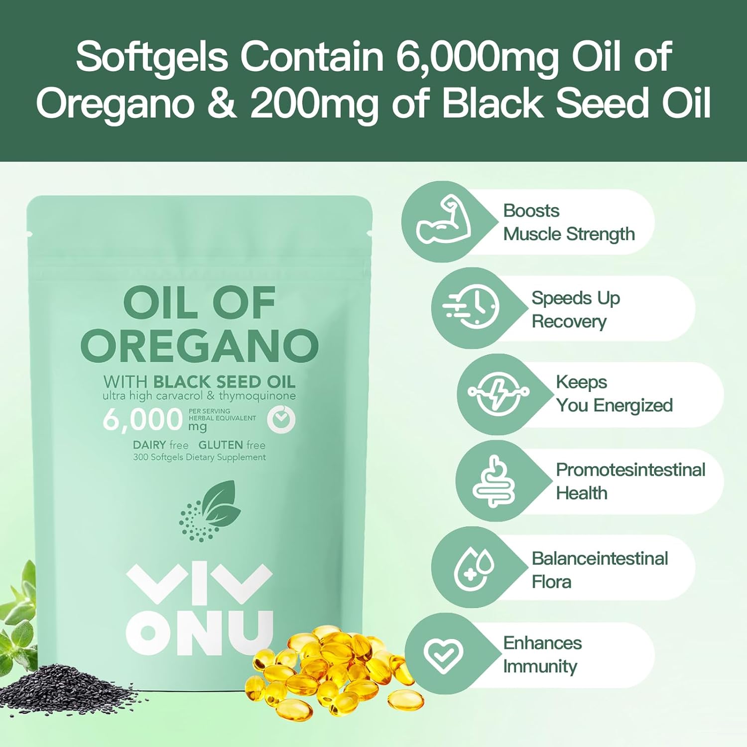 Organic Oil of Oregano Capsules with Black Seed Oil, Immune Support Softgels, Non-GMO Formula with Carvacrol & Thymoquinone - 90 Count