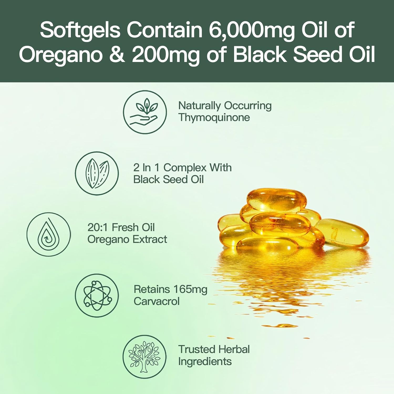 Organic Oil of Oregano Capsules with Black Seed Oil, Immune Support Softgels, Non-GMO Formula with Carvacrol & Thymoquinone - 90 Count