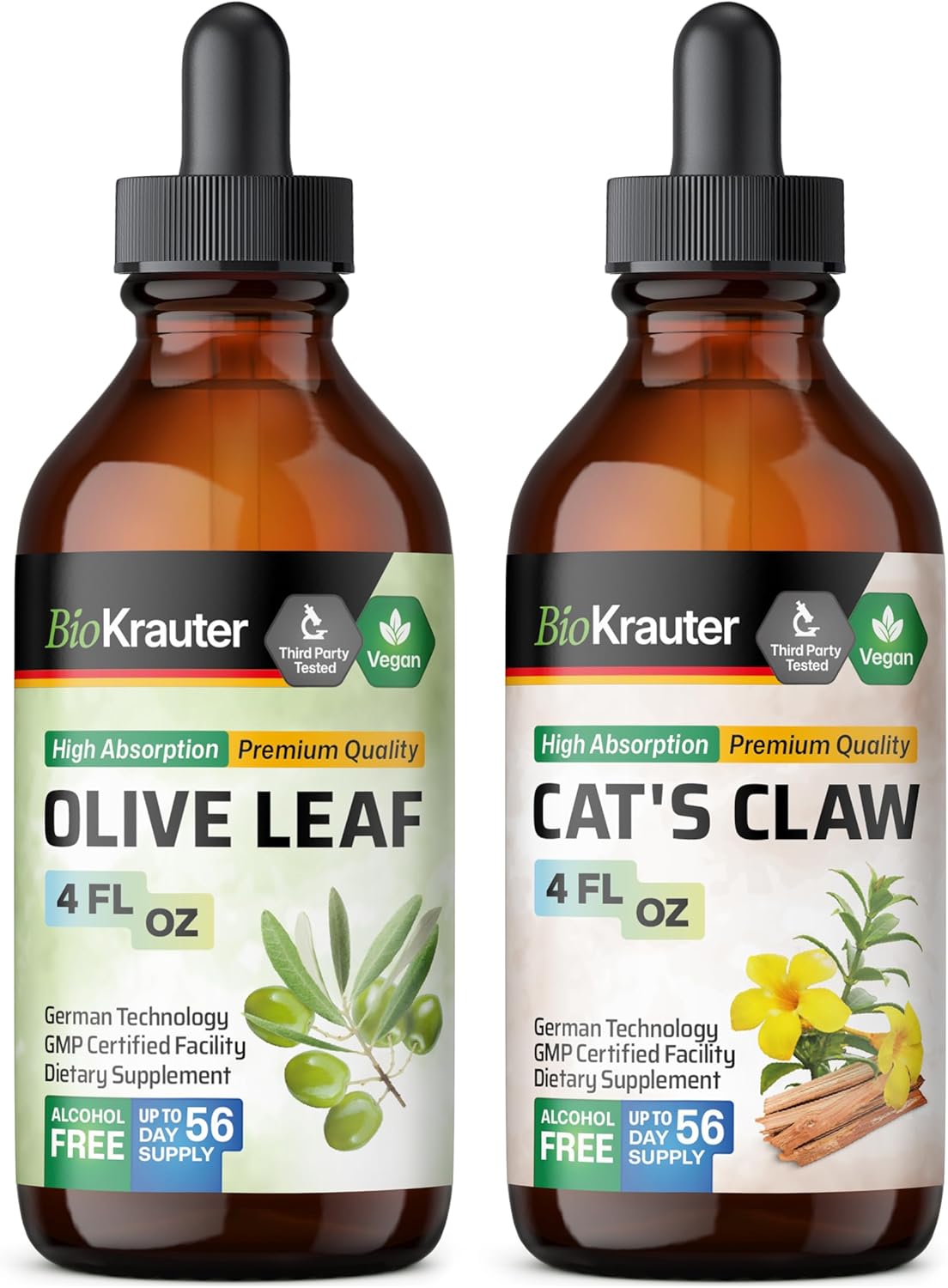 Organic Olive Leaf and Cat's Claw Tincture Duo - 4 Fl. Oz. Each - Herbal Immune Support Formula