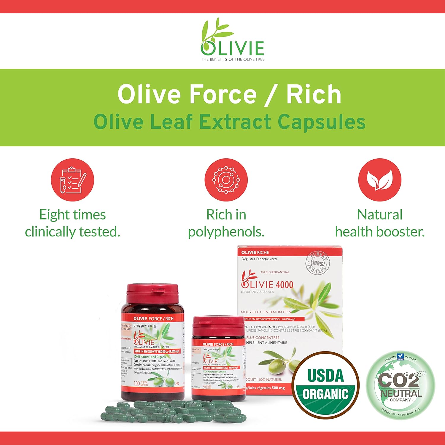 Organic Olive Leaf Extract Capsules - Olivie Force/Rich | Antioxidant Polyphenol Supplement | Health Support for Adults | 50 Vegetal Capsules