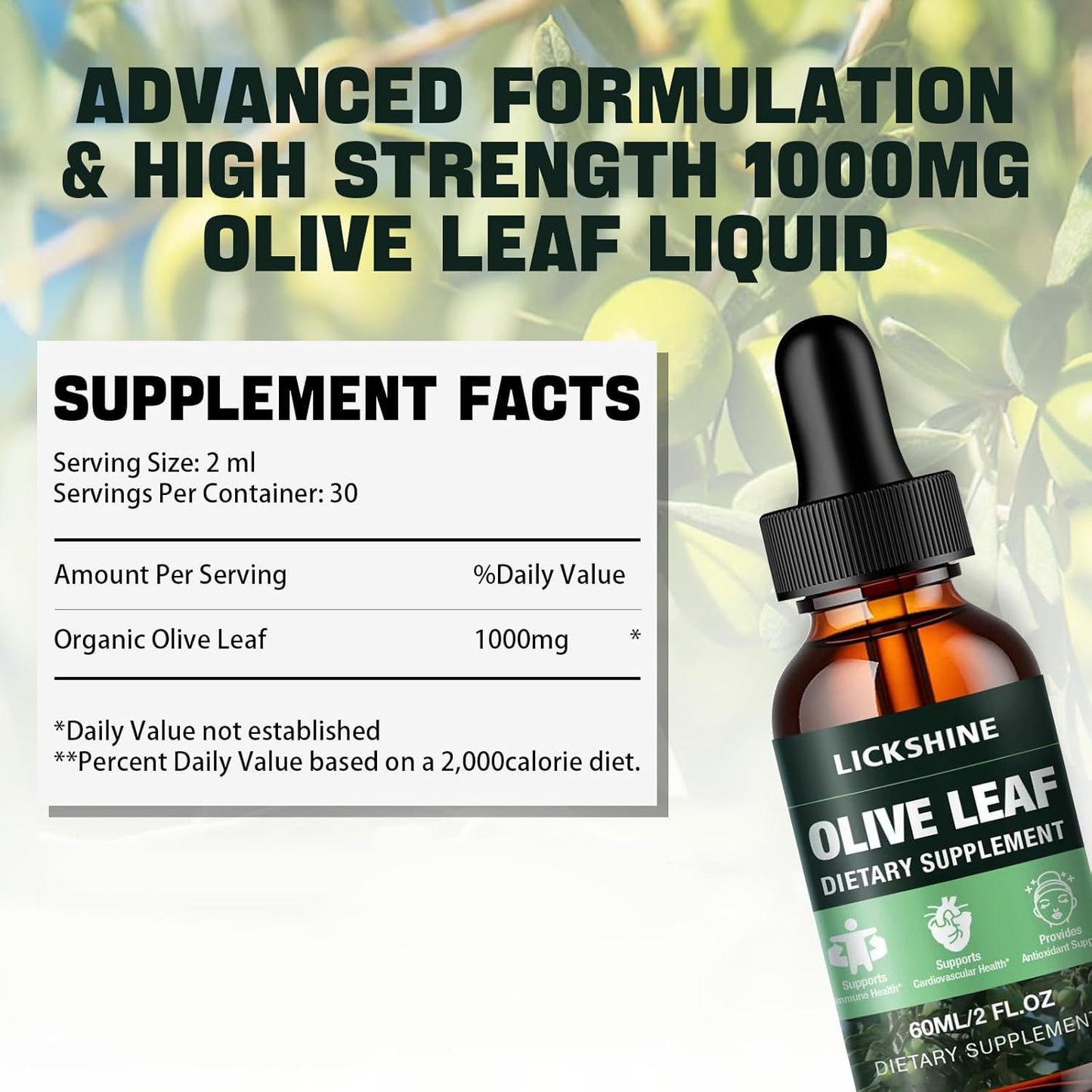 Organic Olive Leaf Liquid Extract 1000MG - 2 Pack Drops Supplement for Immune & Heart Support - Gluten-Free, Non-GMO, Vegan - 4 Fl Oz Tincture for Better Absorption