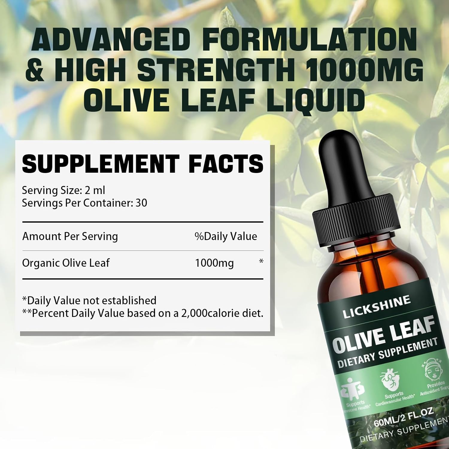 Organic Olive Leaf Liquid Extract 1000MG - 2 Pack Drops Supplement for Immune & Heart Support - Gluten-Free, Non-GMO, Vegan - 4 Fl Oz Tincture for Better Absorption