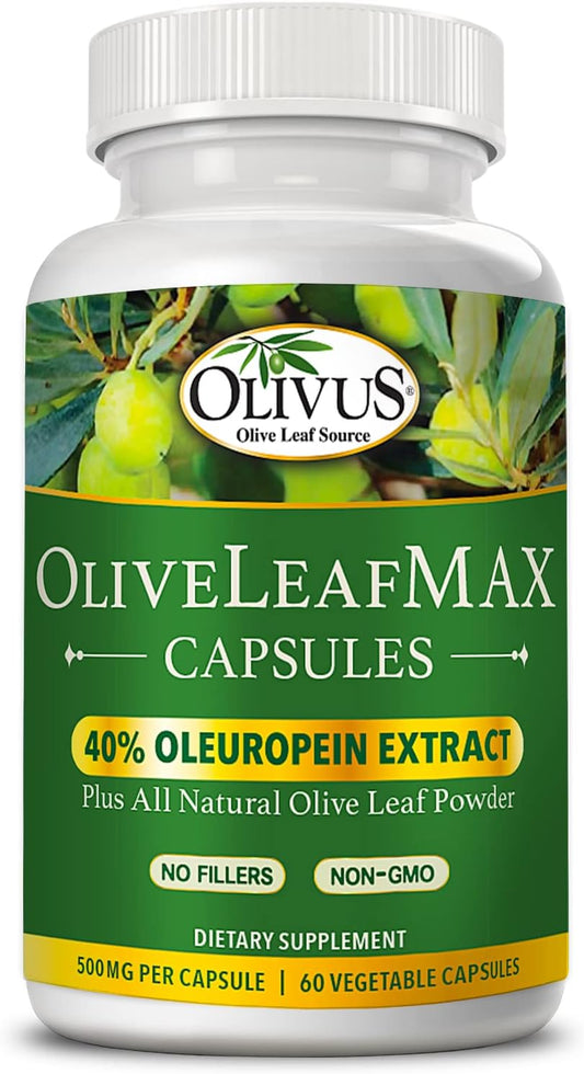 Organic OliveLeafMAX Extract Capsules - 40% Oleuroepin - No Fillers - 60 Vegetarian Capsules - Spanish Sourced, USA Made