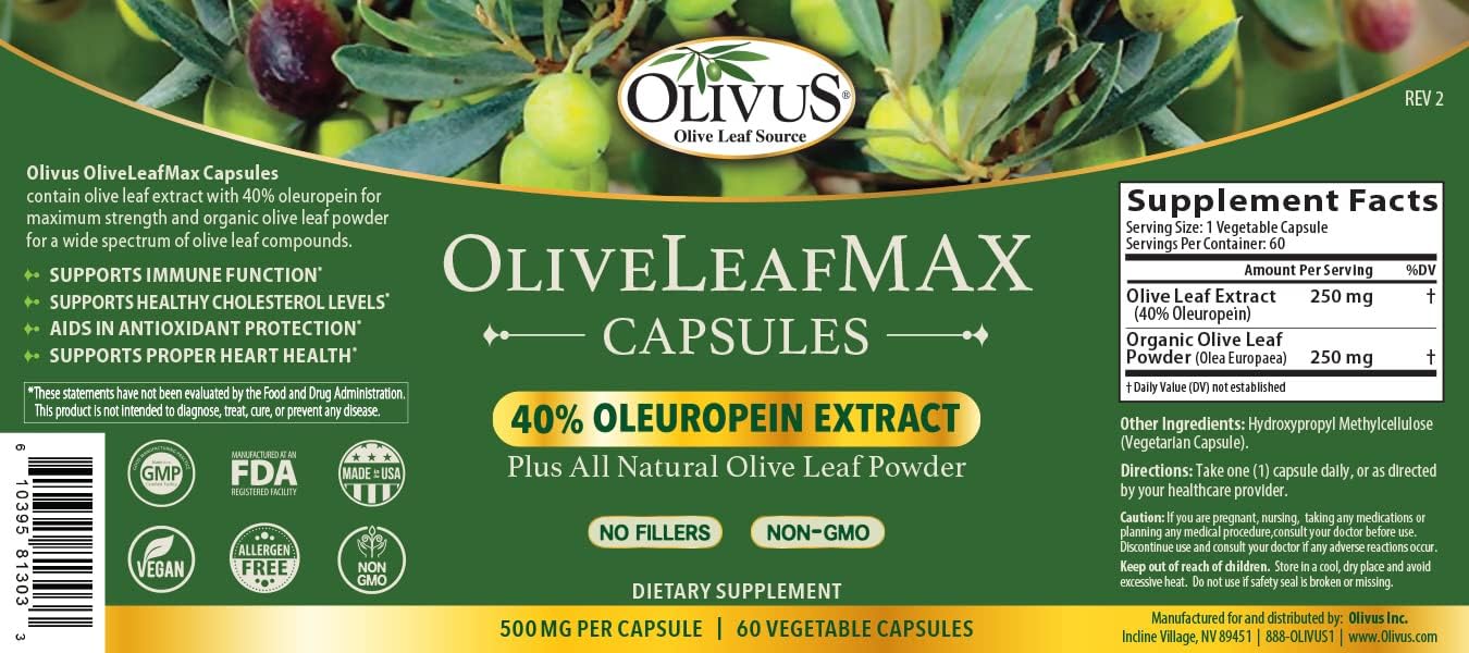 Organic OliveLeafMAX Extract Capsules - 40% Oleuroepin - No Fillers - 60 Vegetarian Capsules - Spanish Sourced, USA Made