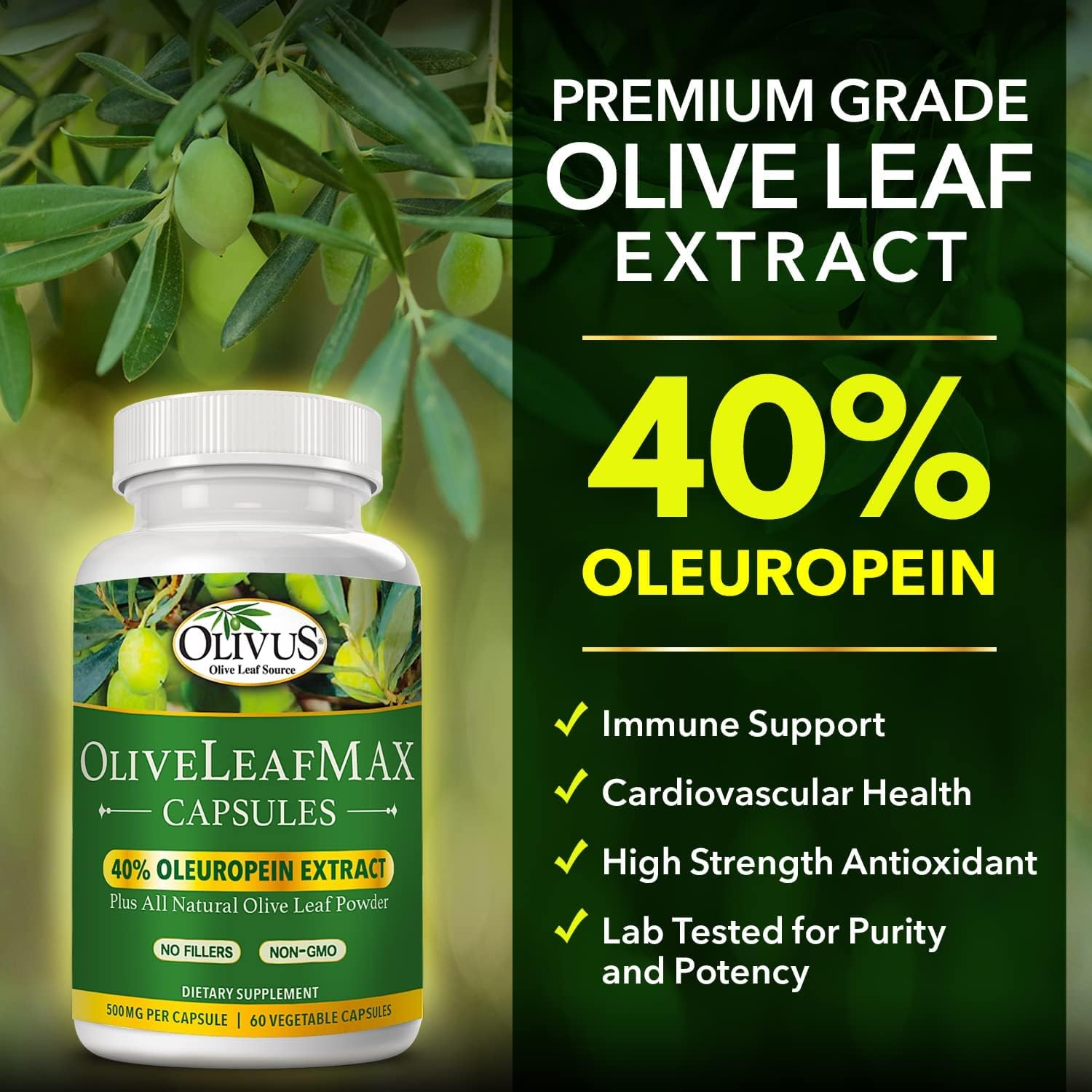 Organic OliveLeafMAX Extract Capsules - 40% Oleuroepin - No Fillers - 60 Vegetarian Capsules - Spanish Sourced, USA Made