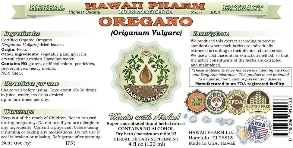 Organic Oregano Liquid Extract - Alcohol-Free Herbal Supplement - 4 fl.oz - Hawaii Pharm USA