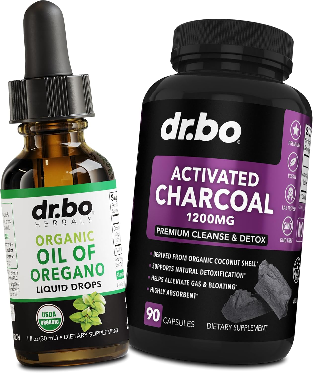 Organic Oregano Oil Drops & Charcoal Capsules for Stomach Gas Cleanse - Immune Support & Digestive Detox - Liquid Tincture & Pills