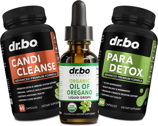 Organic Oregano Oil Drops & Cleanse Capsules - Oregano Tincture Extract, Candida Detox with Caprylic Acid, Wormwood, Black Walnut & Cloves