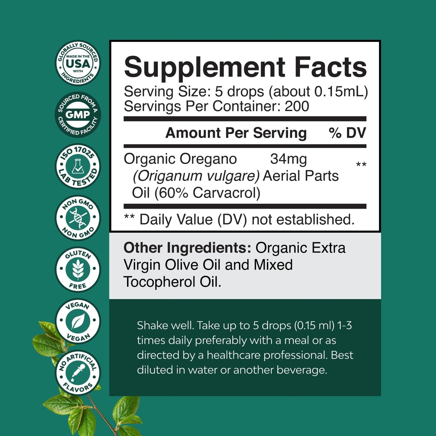 Organic Oregano Oil Drops with 60% Carvacrol for Heart Health & Digestion - Immunity Boosting Herbal Tincture - Vegan & Non-GMO - 30 ml Bottle