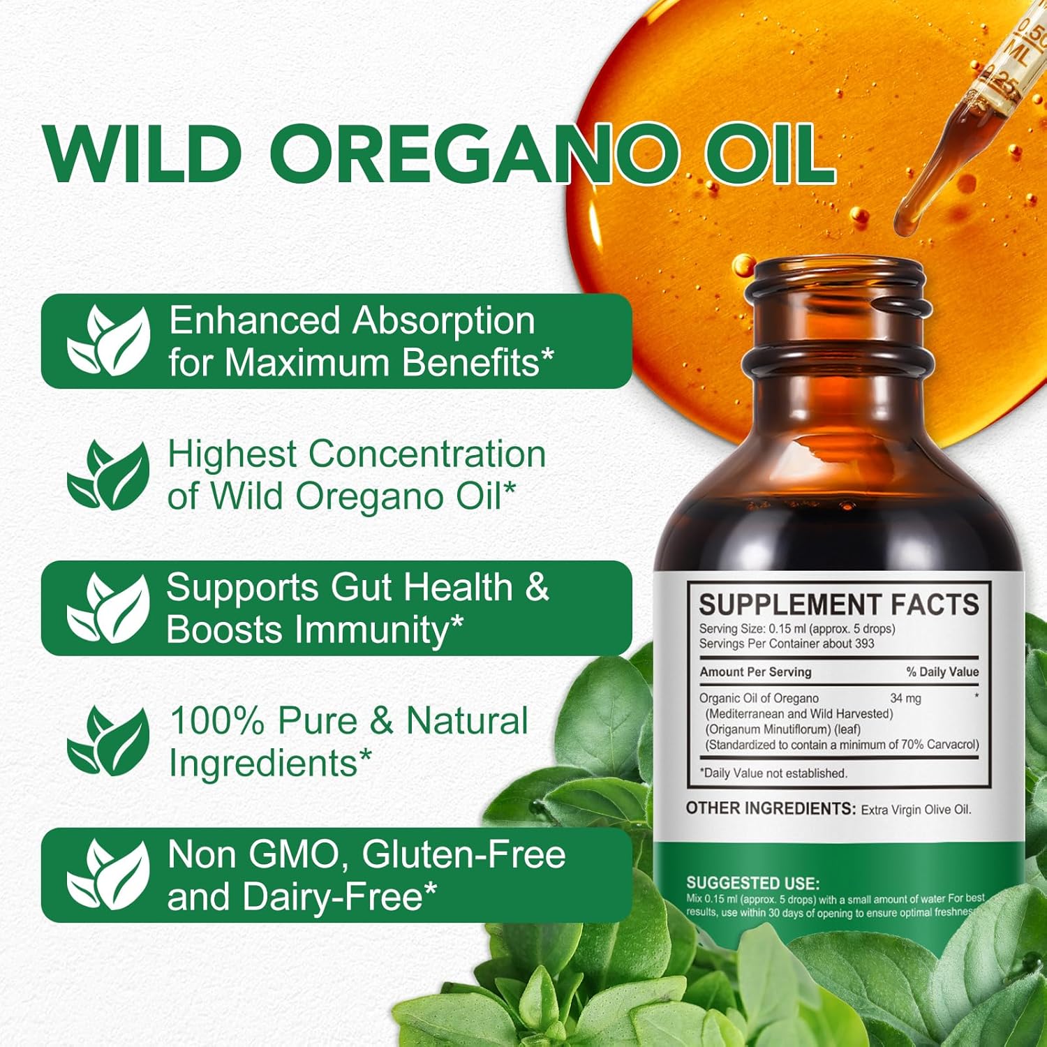 Organic Oregano Oil Liquid Drops - Concentrated Plant Extract for Immune Support and Energy - Vegan 60ML/2 Fl Oz