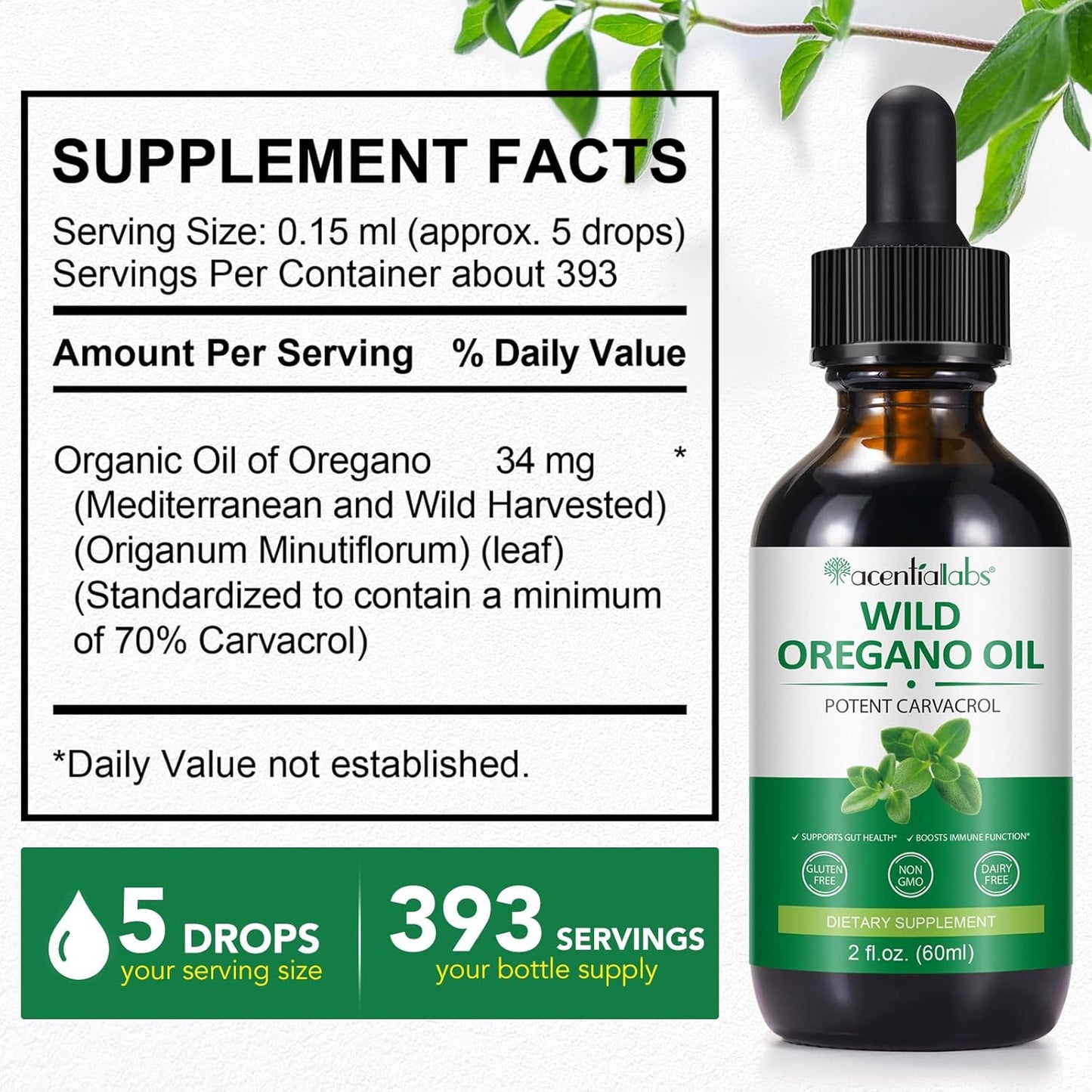 Organic Oregano Oil Liquid Drops - Concentrated Plant Extract for Immune Support and Energy - Vegan 60ML/2 Fl Oz