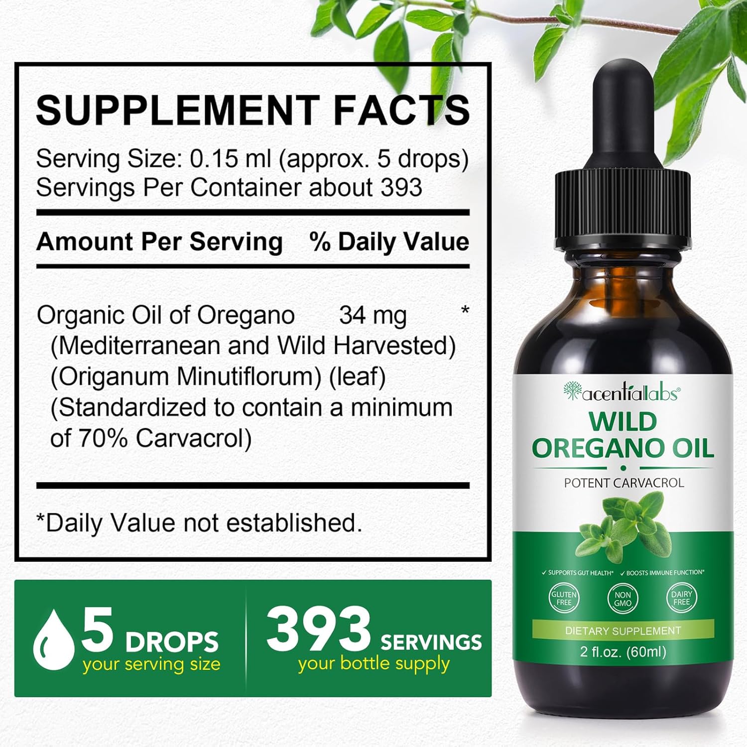 Organic Oregano Oil Liquid Drops - Concentrated Plant Extract for Immune Support and Energy - Vegan 60ML/2 Fl Oz