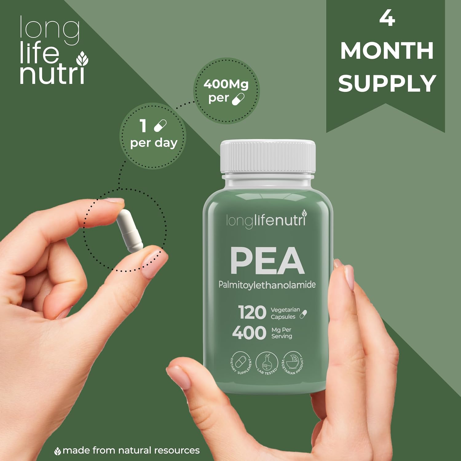 Organic Palmitoylethanolamide (Micronized Pea) 400mg - 120 Vegetarian Capsules, USA-Made Supplement for Discomfort, 4-Month Supply