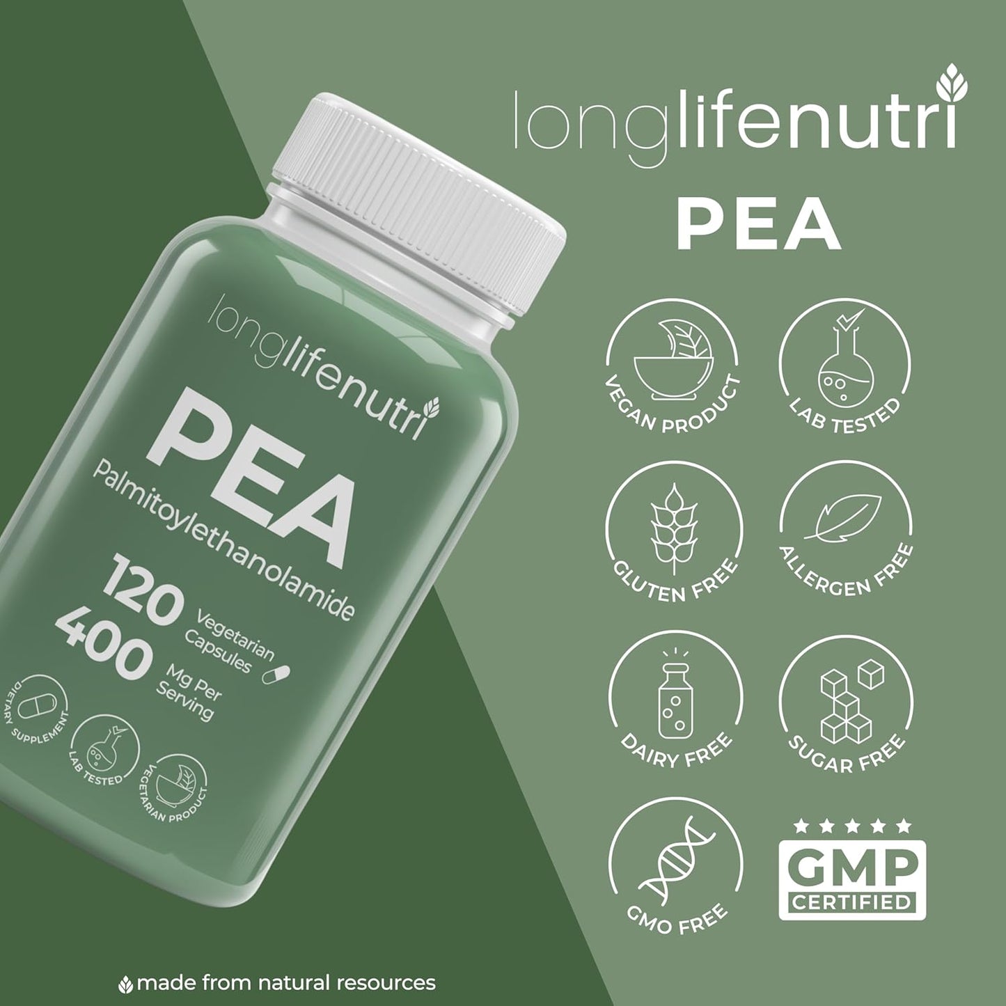 Organic Palmitoylethanolamide (Micronized Pea) 400mg - 120 Vegetarian Capsules, USA-Made Supplement for Discomfort, 4-Month Supply